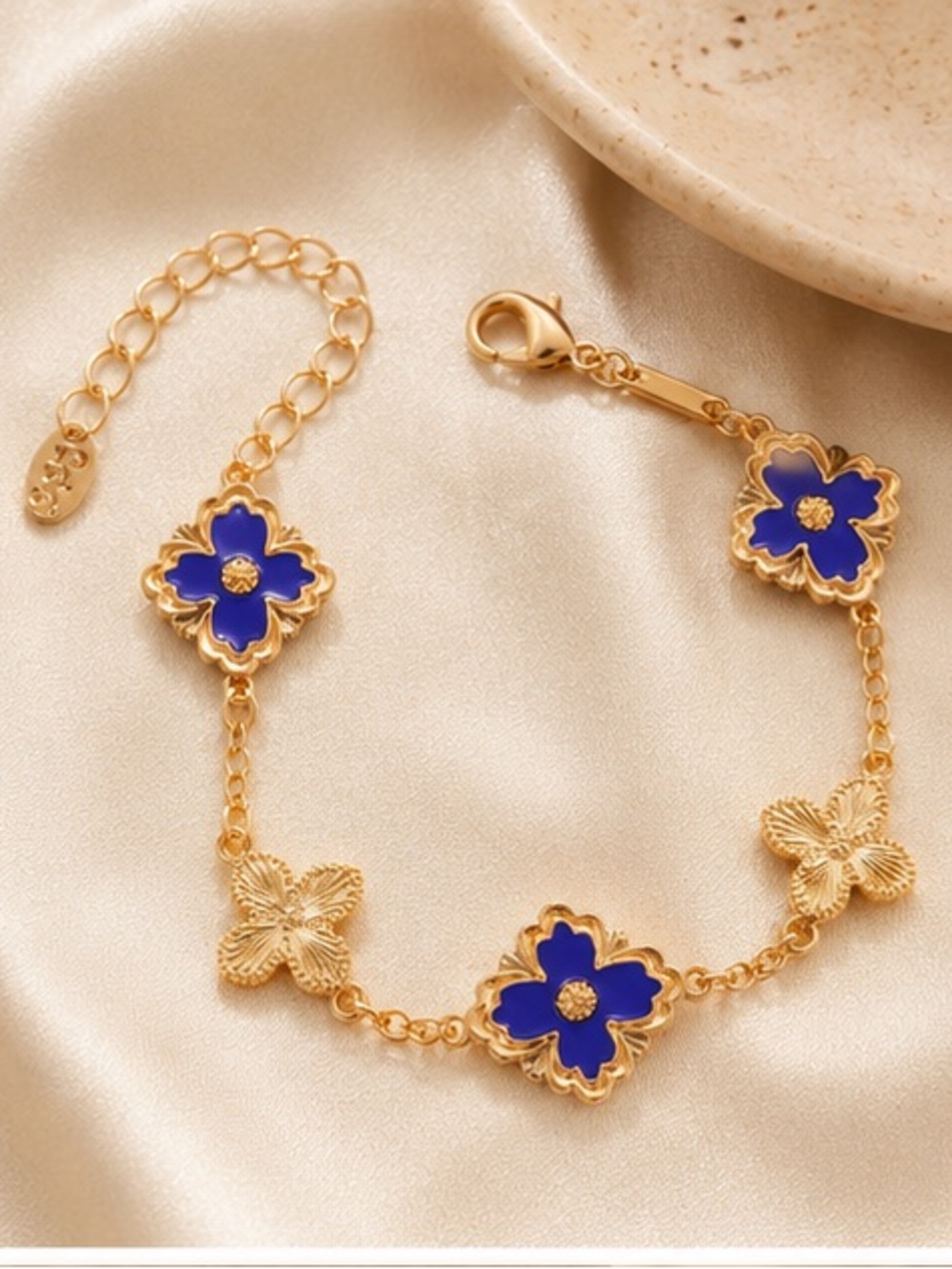 Designer Inspired Gold Royal Blue Floral Clover Charm Bracelet Adjustable